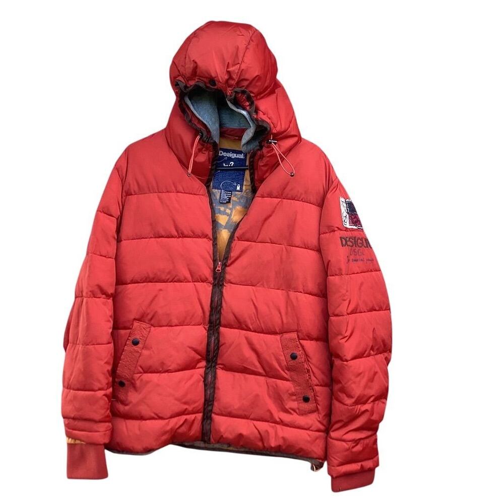 Desigual Men's Red Puffer Jacket‎ M Hooded Quilted Winter Coat